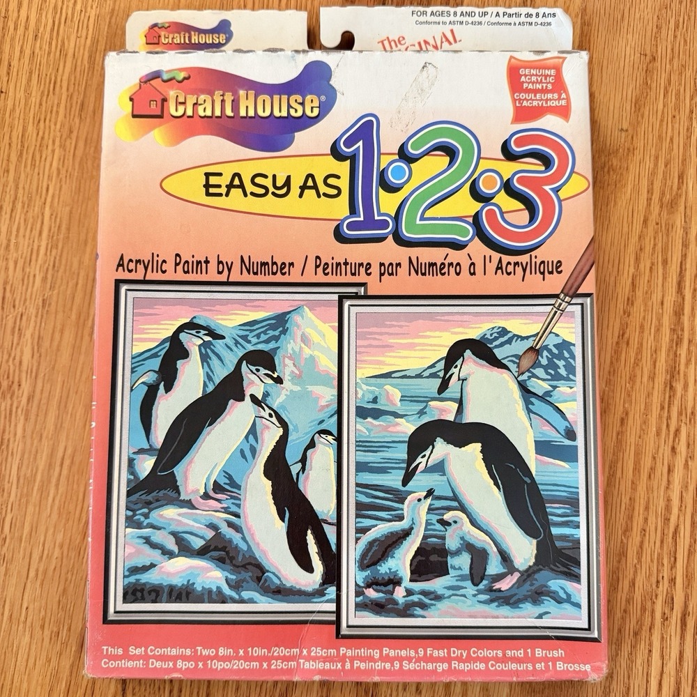 Vintage Craft House Acrylic Paint by Number Penguins Easy As 1-2-3 Set 01234 New